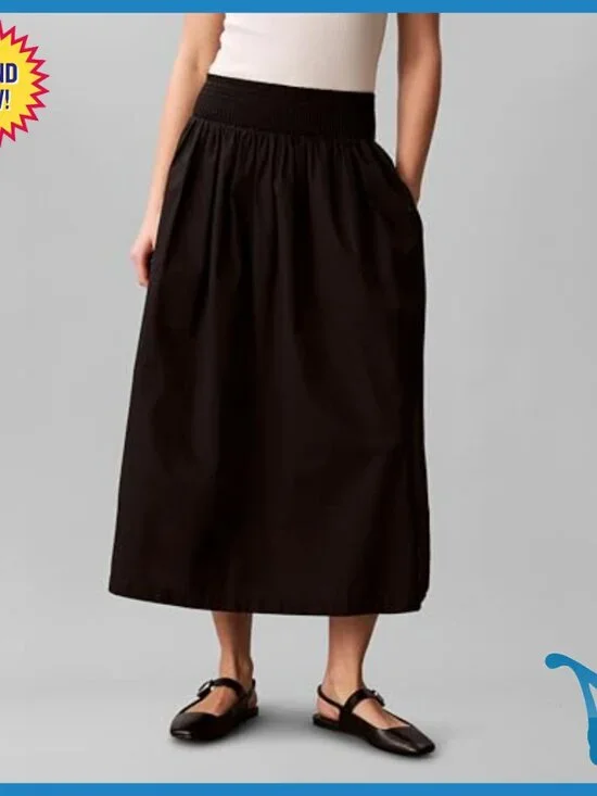 Cotton Poplin Smocked Waist Midi Skirt with Side Pockets - Picture 2 of 5